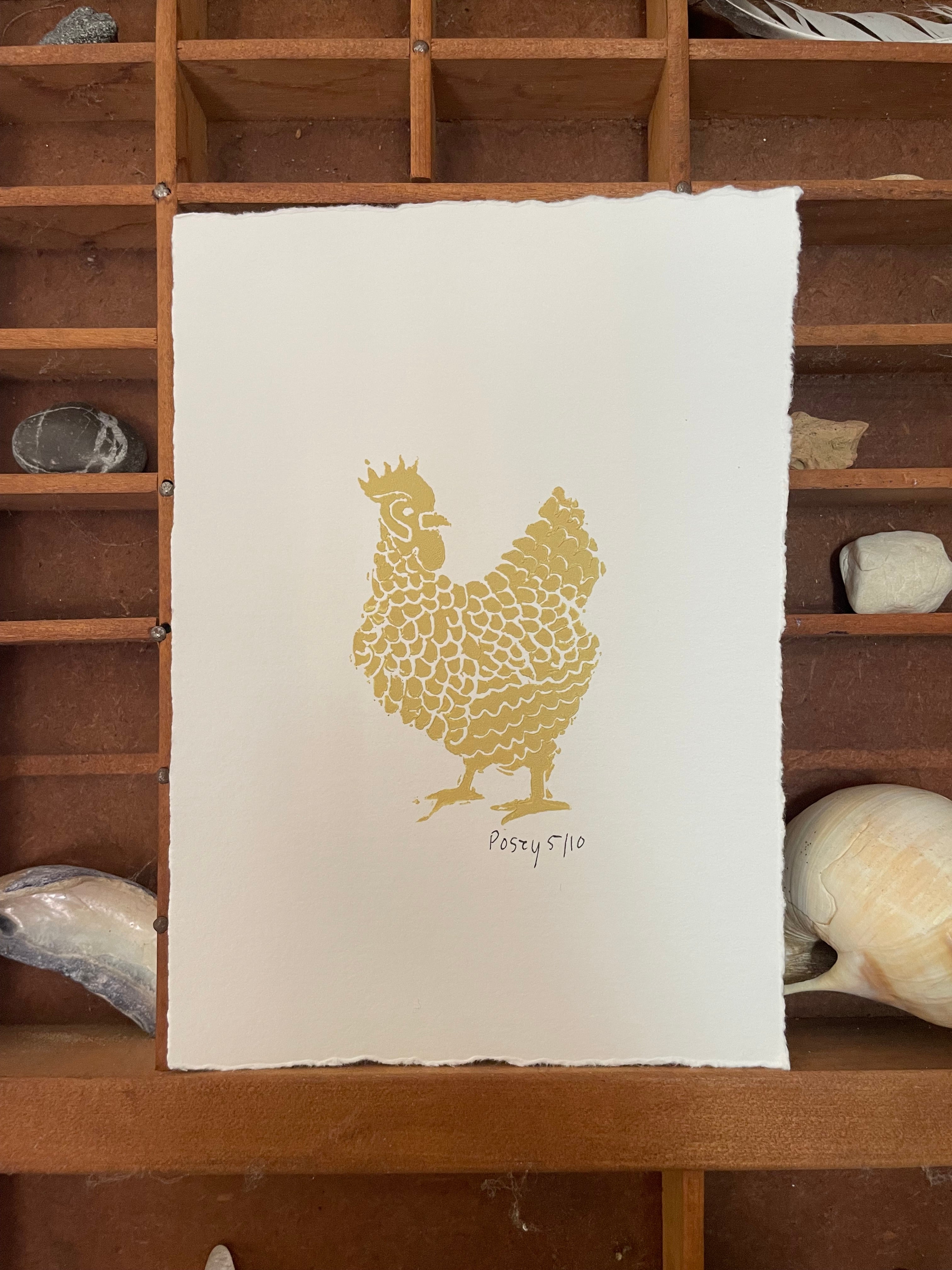 Yellow Silkie Chicken Linocut Print