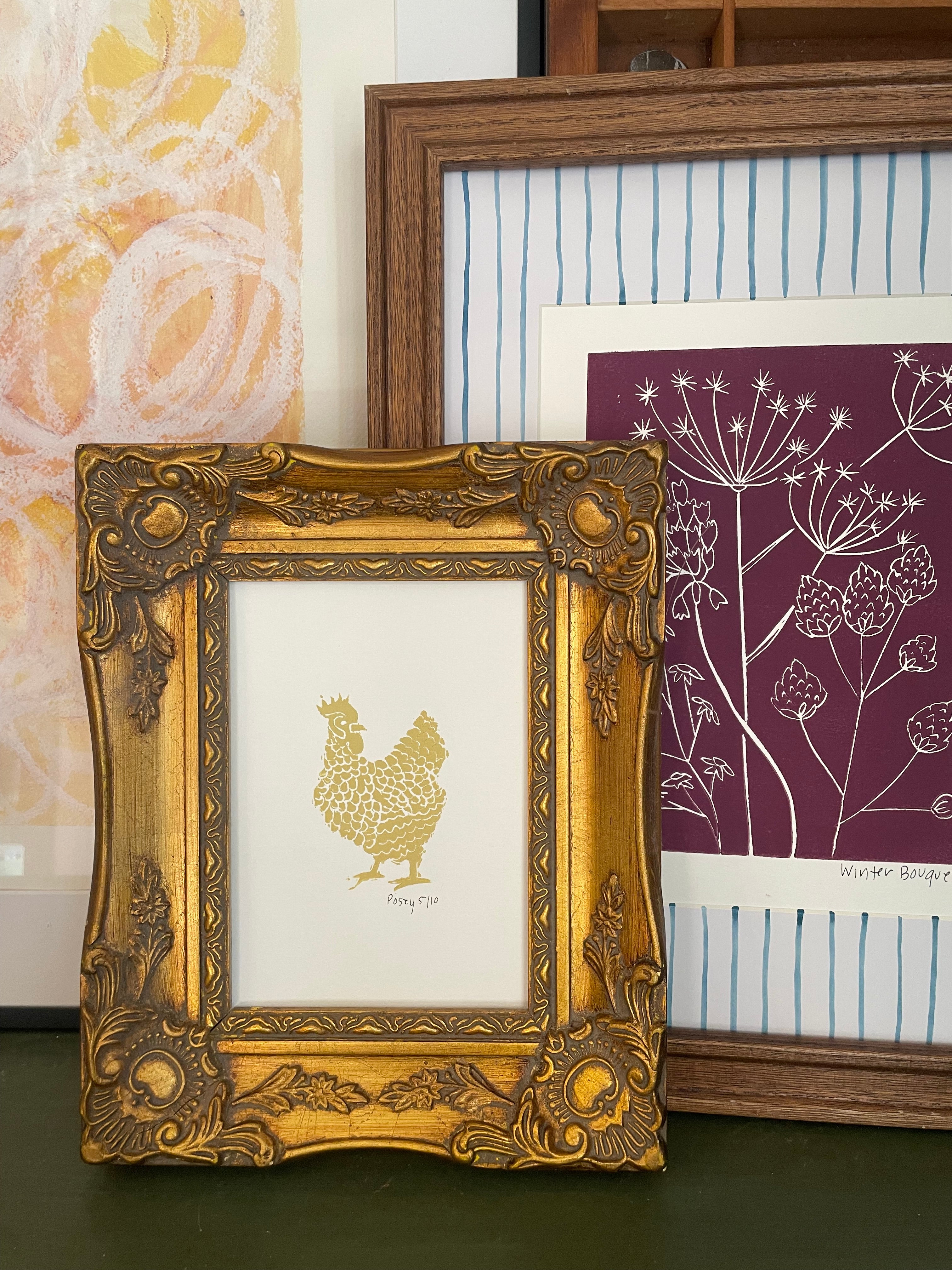 Yellow Silkie Chicken Linocut Print