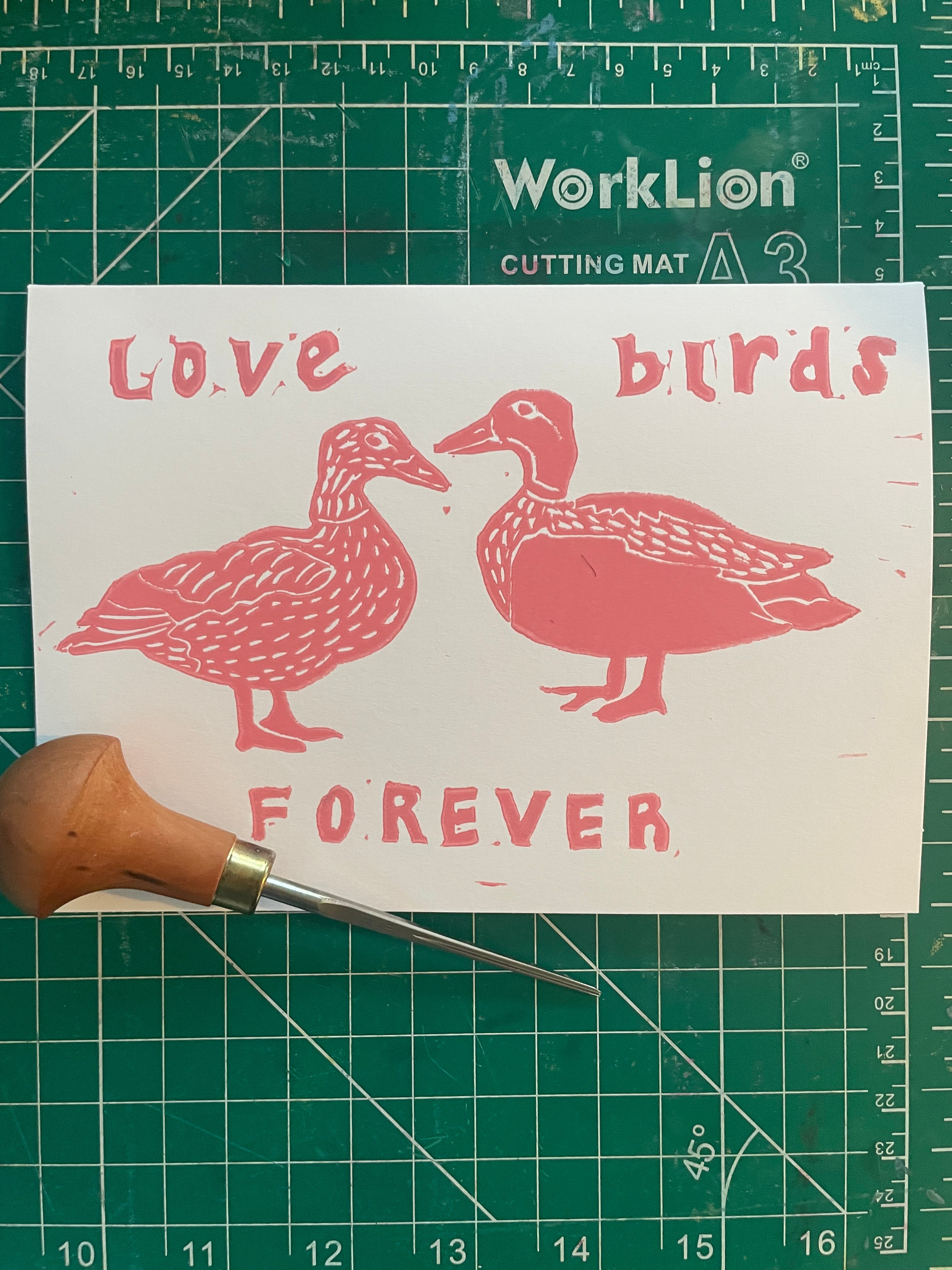 Love Birds Forever Mallard Duck Linocut Print Card
