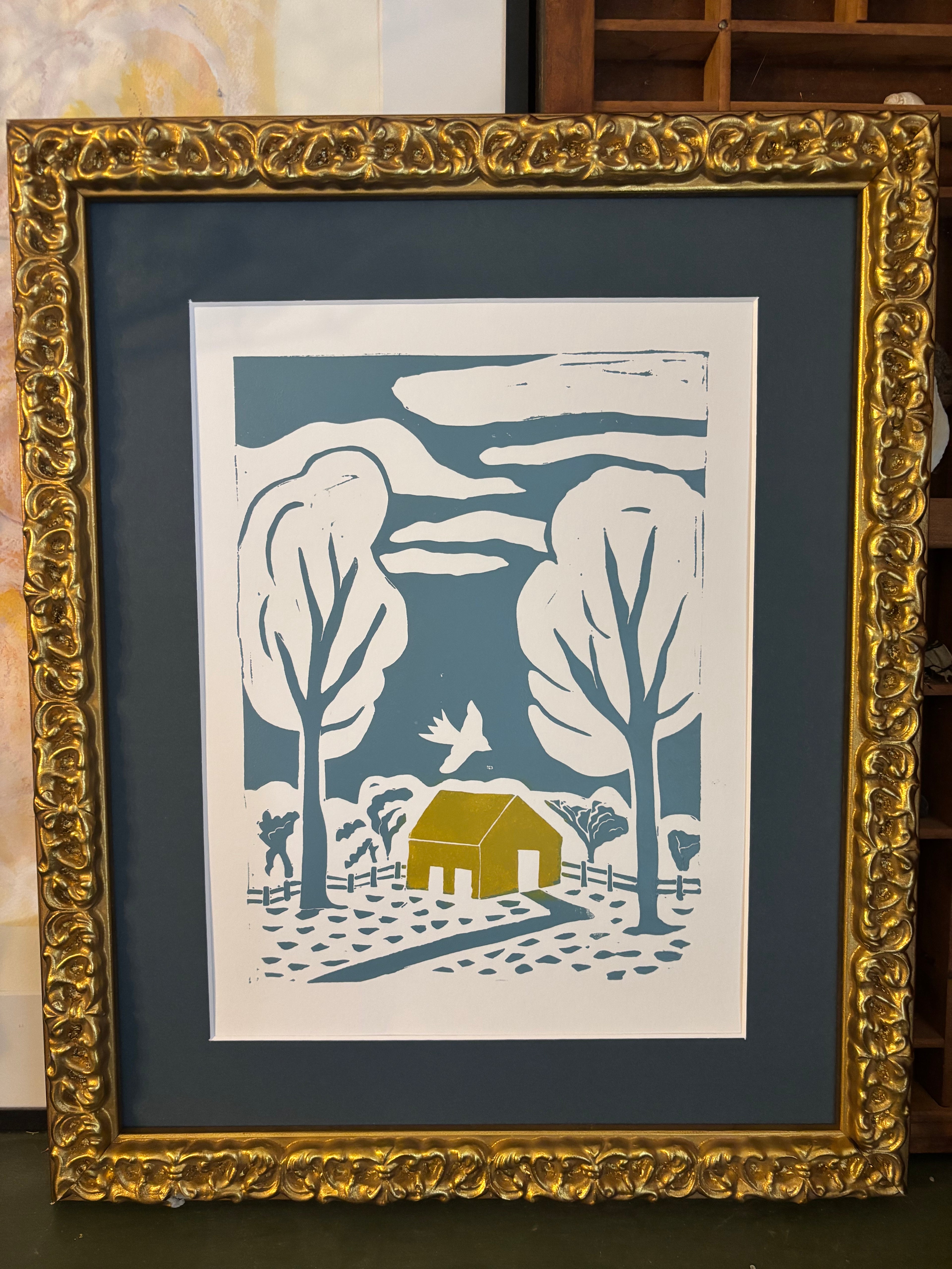 Under The Oaks Linocut Print