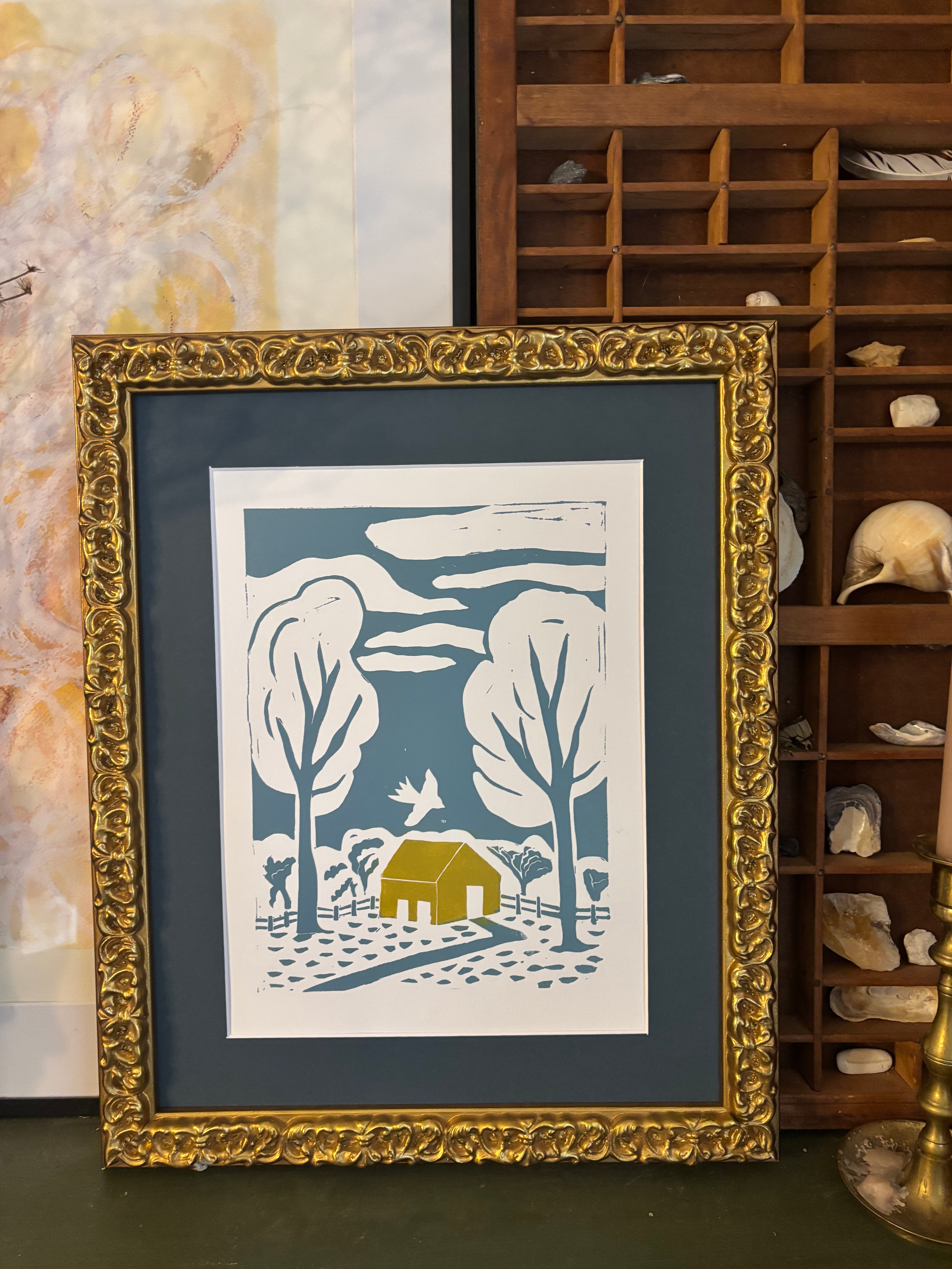 Under The Oaks Linocut Print