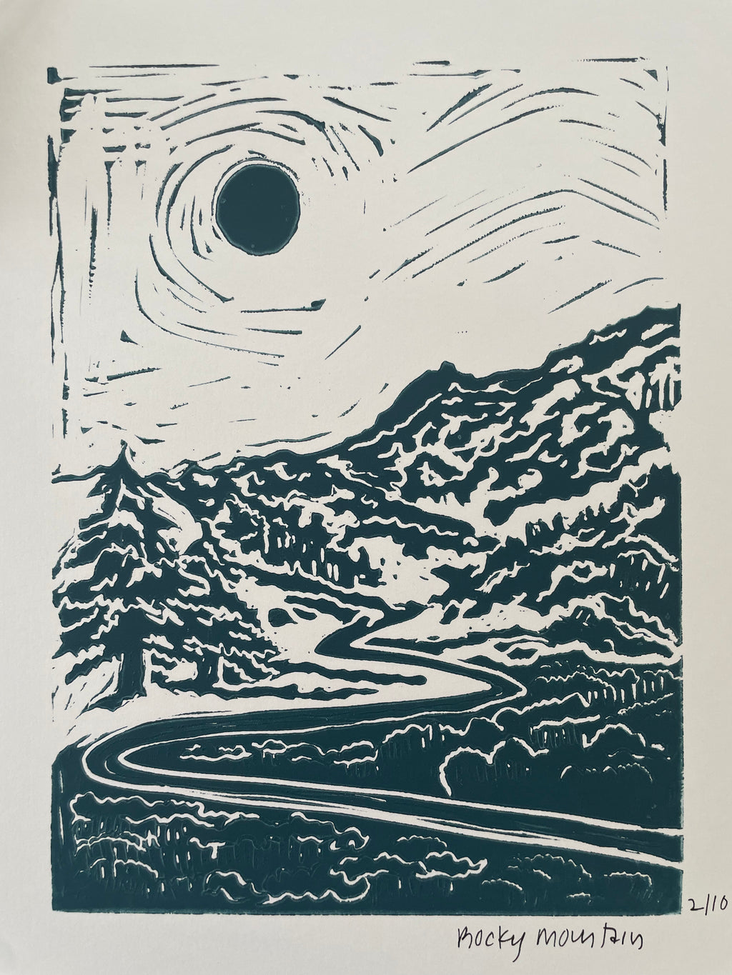 linocut print of rockies