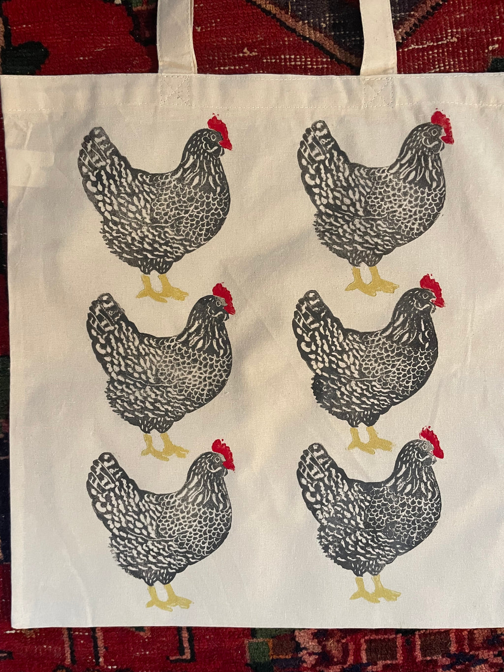 six chickens on a tote bag