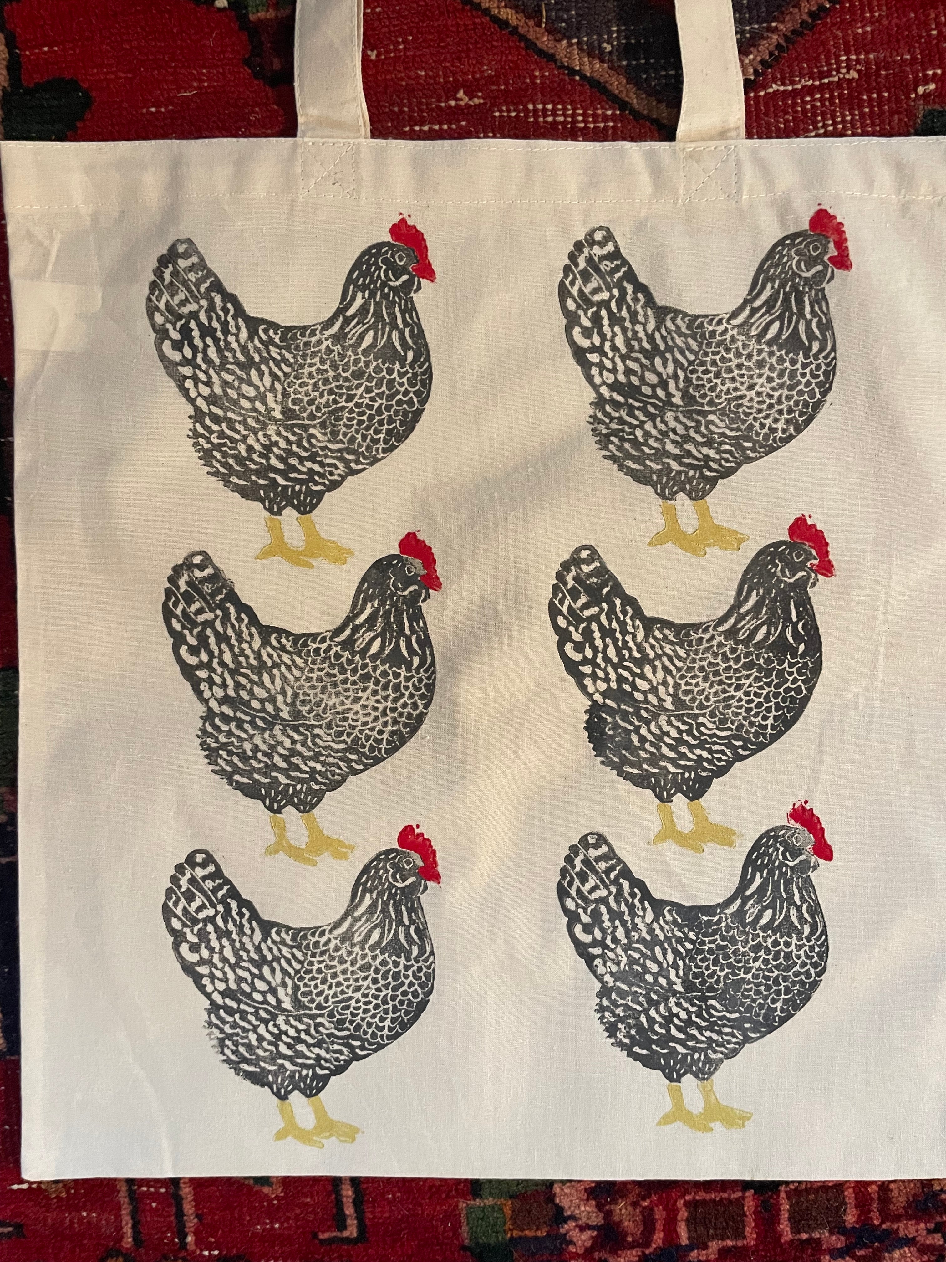 six chickens on a tote bag