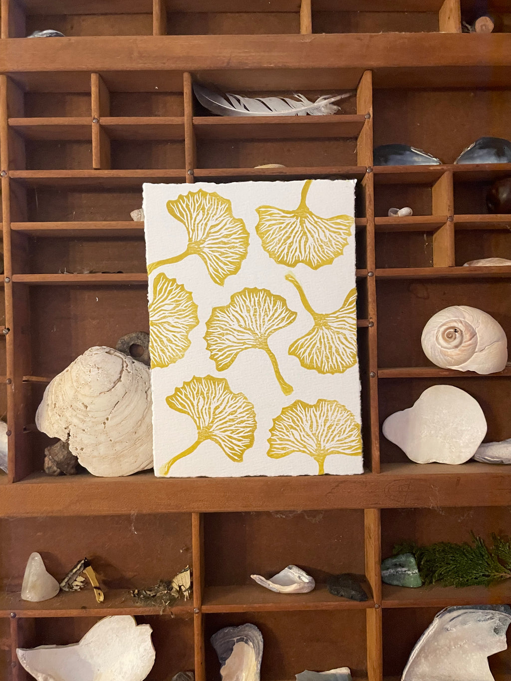Linocut print of ginkgo leaves