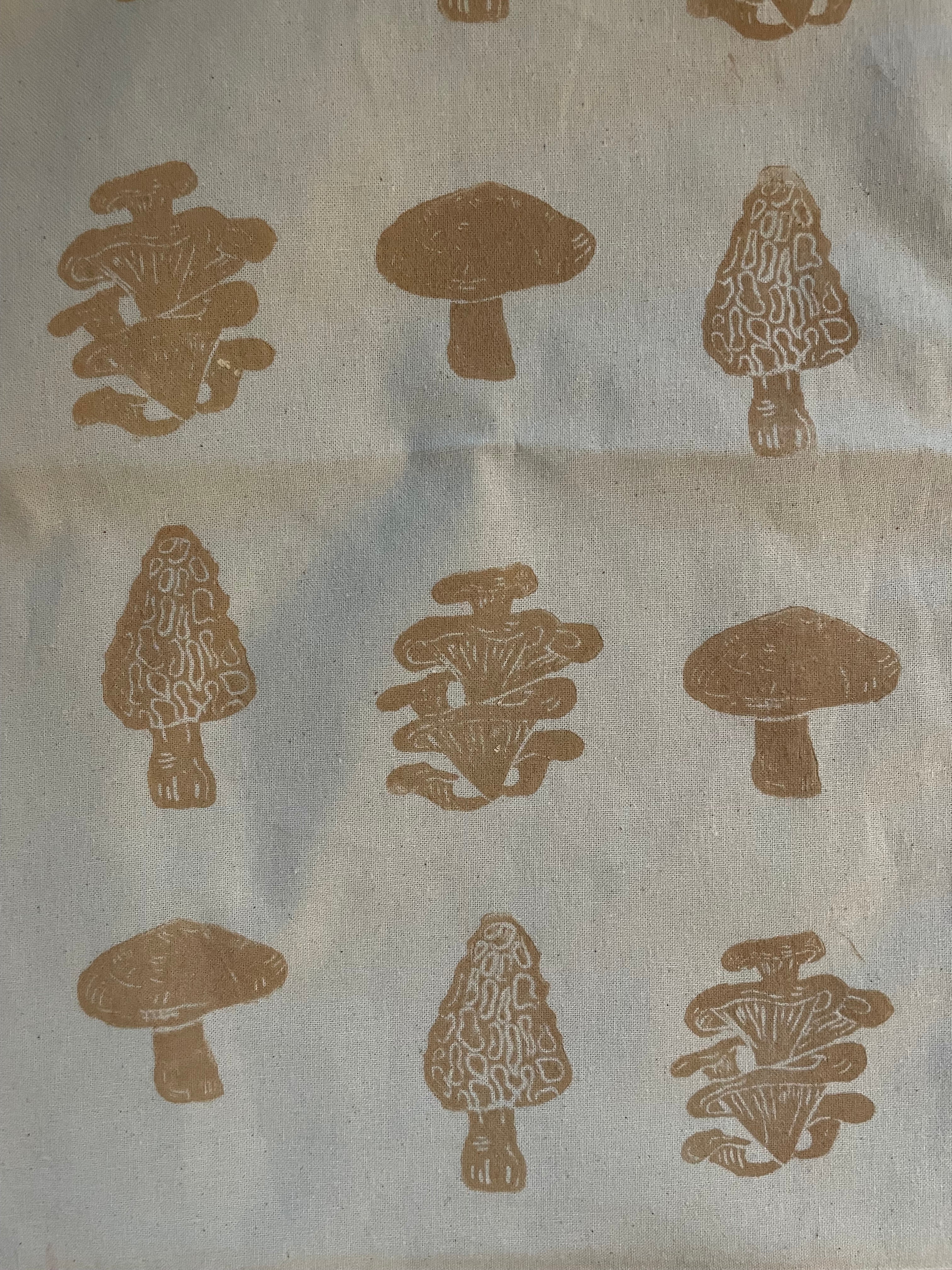 Mushrooms handprinted on tote bag