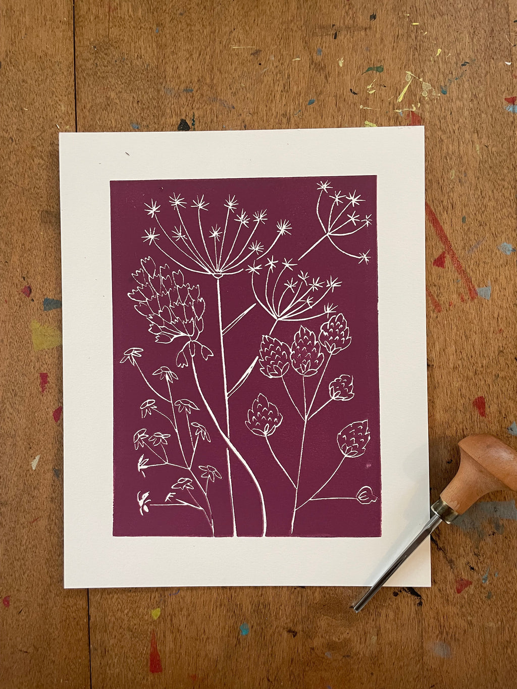 linocut artwork featuring flowers
