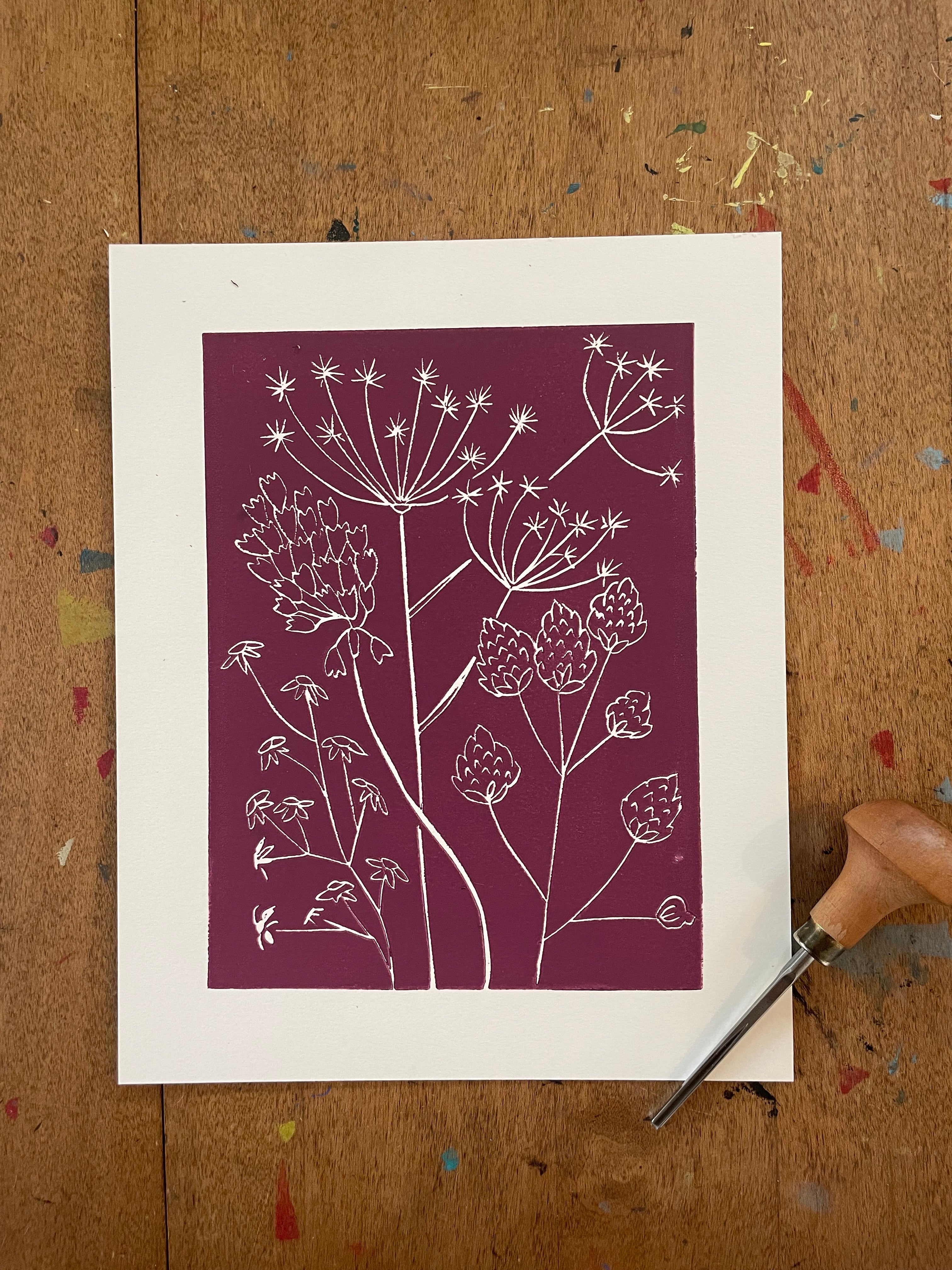 linocut artwork featuring flowers